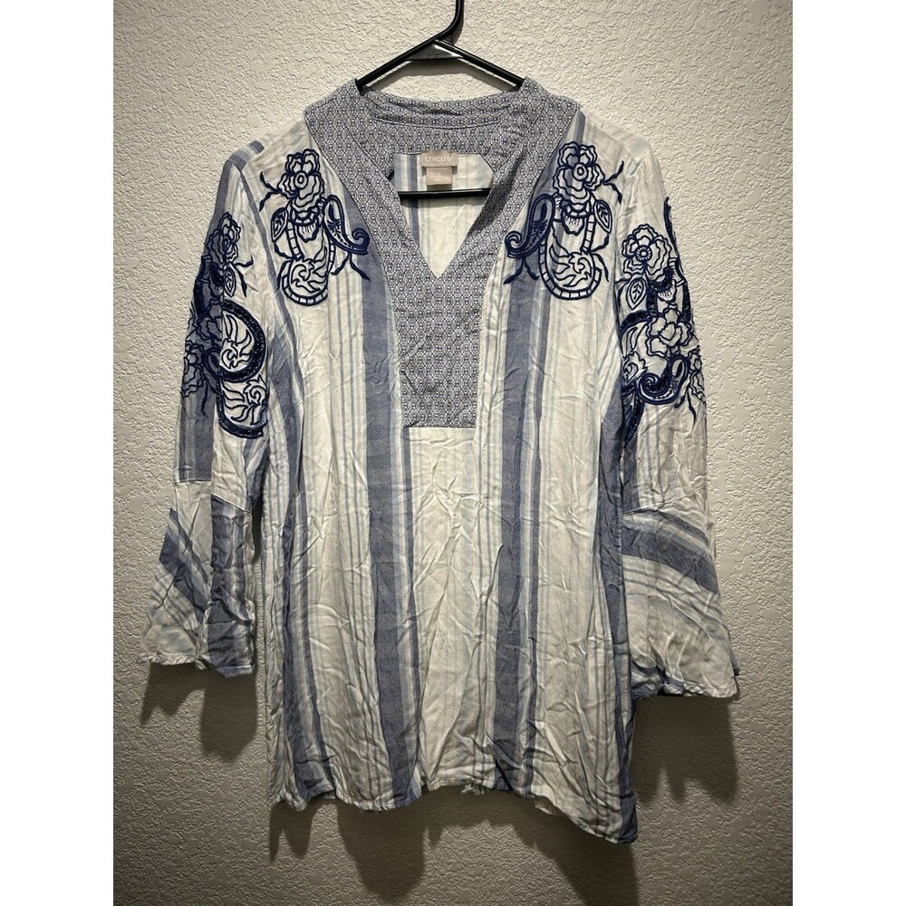 Chicos Blue Striped Embroidered Tunic Top Boho Coastal Cotton Resort Blouse 1 M